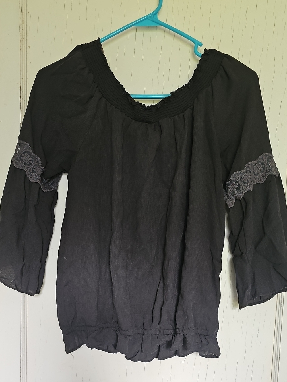 Women’s Black Peasant Blouse with Lace Trim